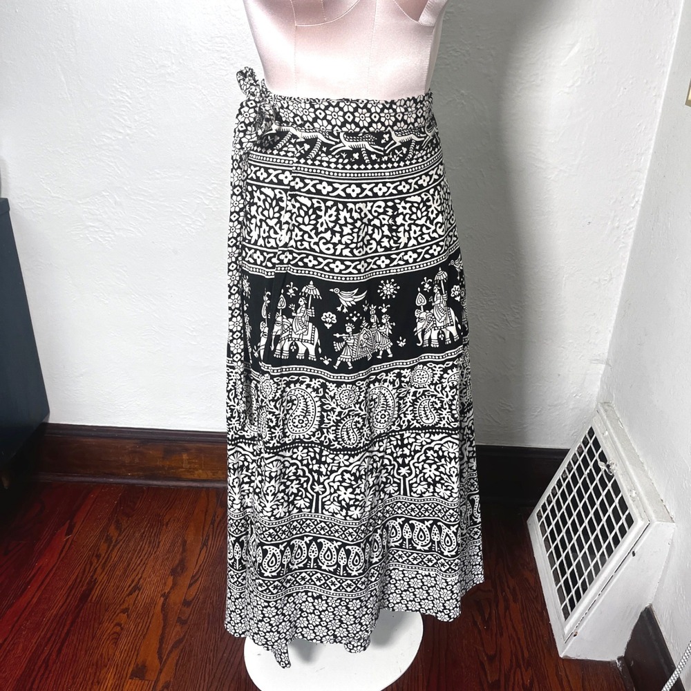 Funky People Cotton Wrap Maxi Skirt Black White Elephant Paisley Block Print OS